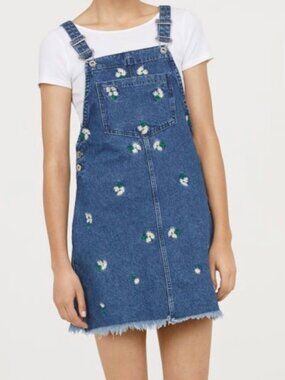 H&M Denim Daisy Embroidered Bib Overall Dress, Size 2